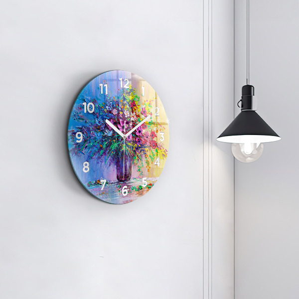 Round glass wall clock Flowers in a vase