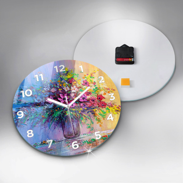 Round glass wall clock Flowers in a vase