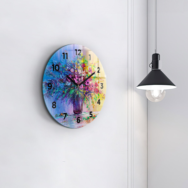 Round glass wall clock Flowers in a vase