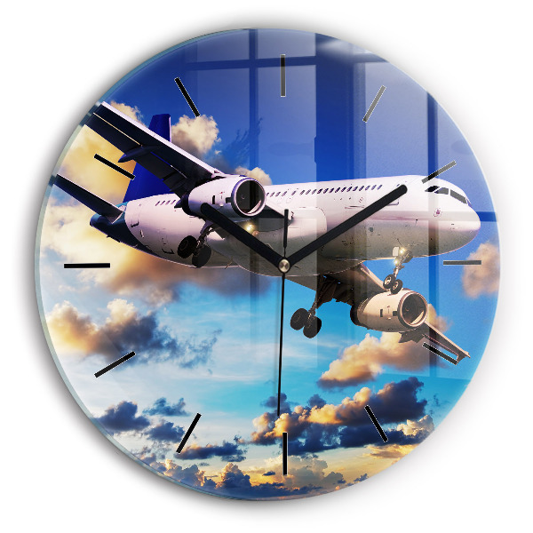 Round glass wall clock Airplane in the clouds