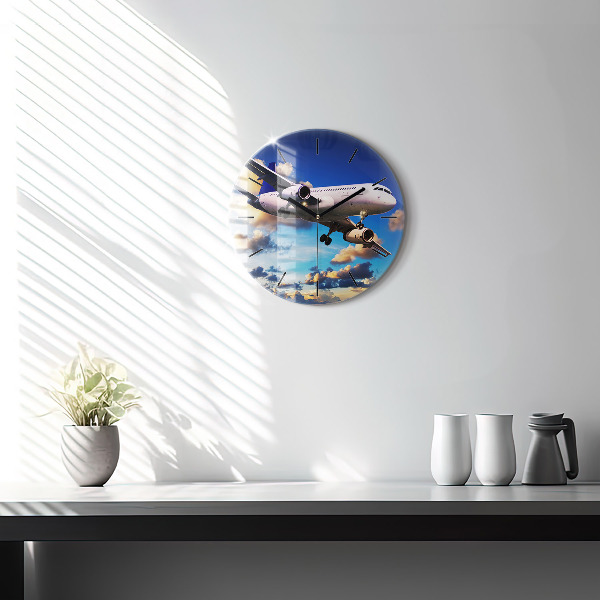 Round glass wall clock Airplane in the clouds