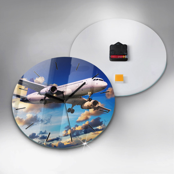 Round glass wall clock Airplane in the clouds