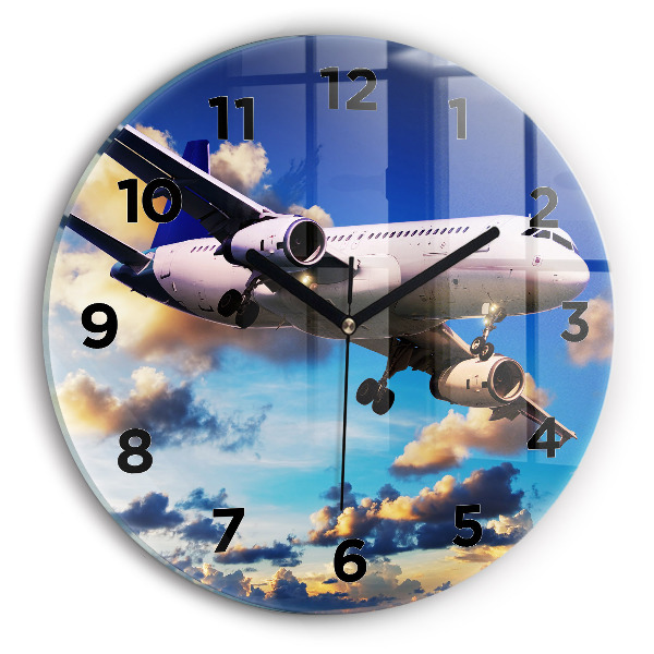 Round glass wall clock Airplane in the clouds