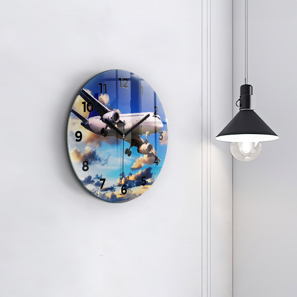 Round glass wall clock Airplane in the clouds