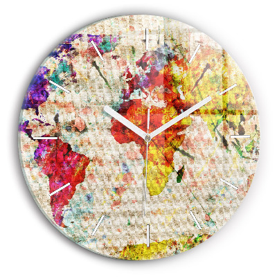 Round glass wall clock Colored world map