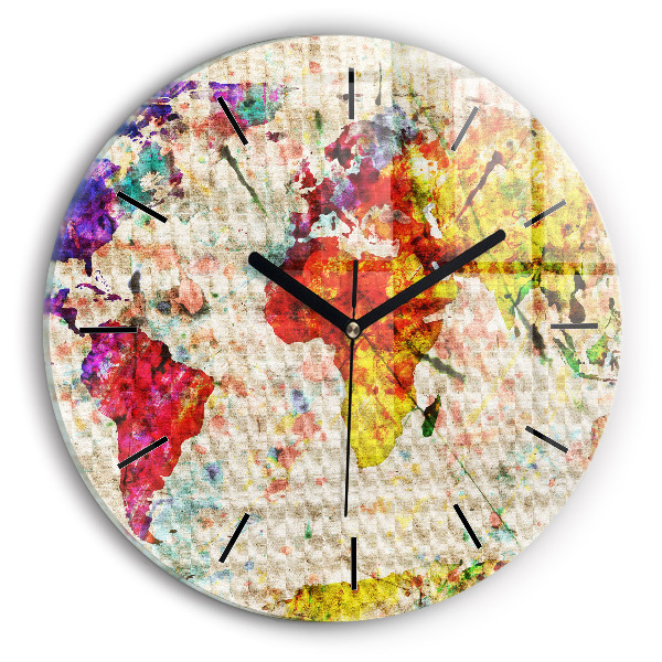 Round glass wall clock Colored world map