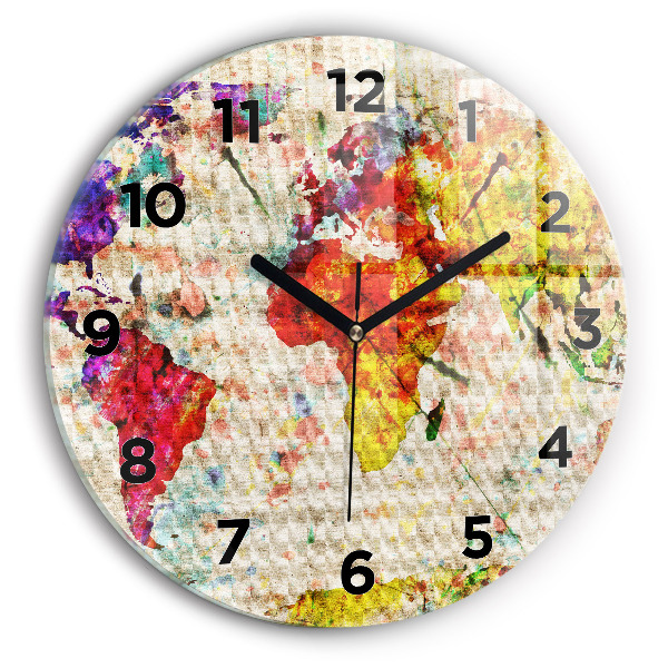 Round glass wall clock Colored world map