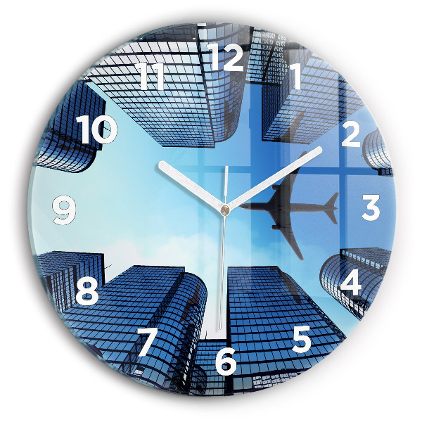 Round glass wall clock Airplane over buildings