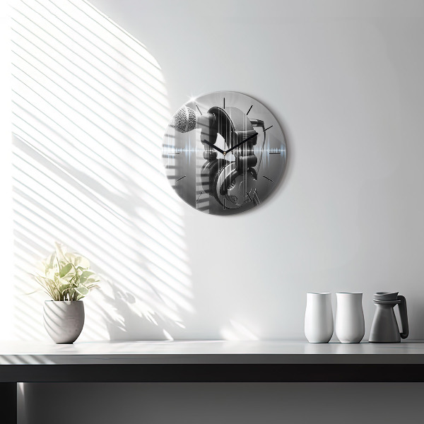 Round glass wall clock Microphone and Headphones