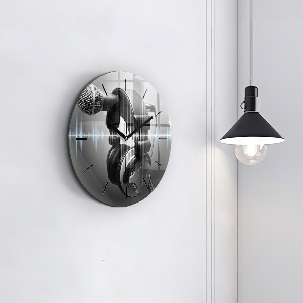 Round glass wall clock Microphone and Headphones