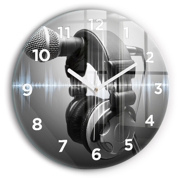 Round glass wall clock Microphone and Headphones