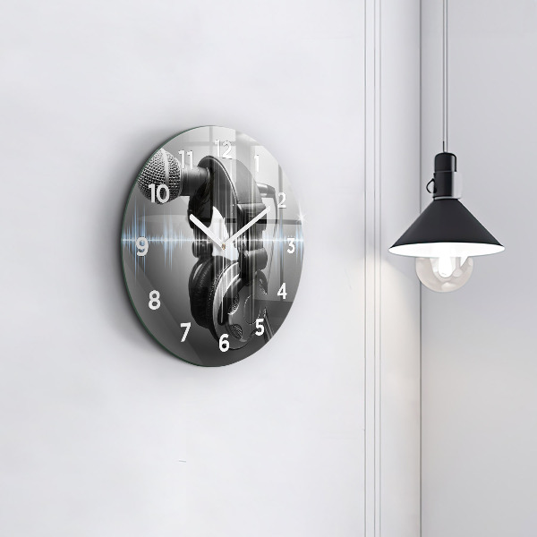 Round glass wall clock Microphone and Headphones