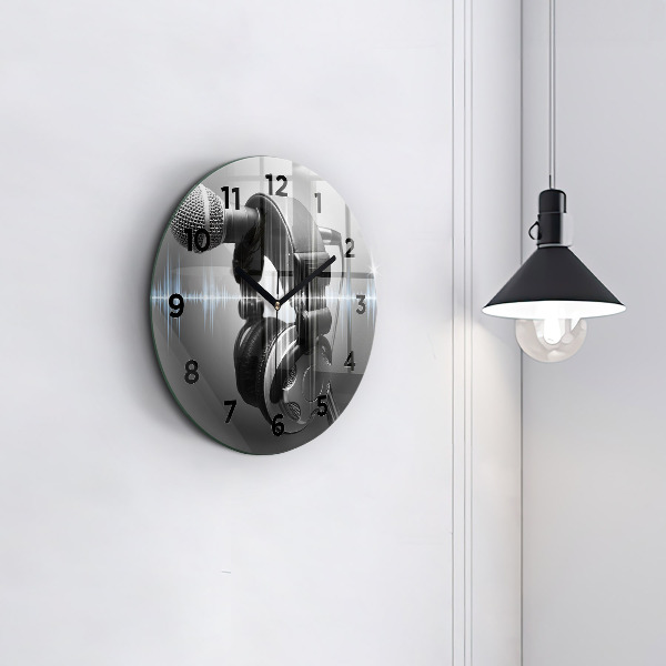 Round glass wall clock Microphone and Headphones