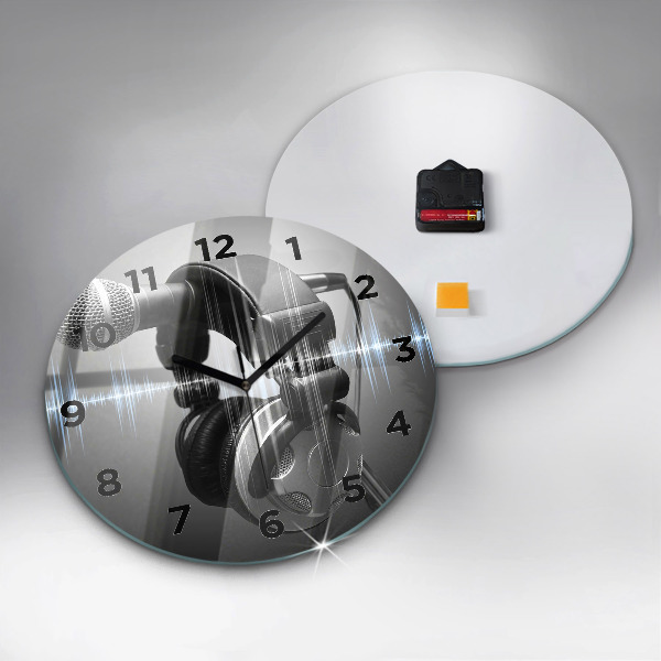 Round glass wall clock Microphone and Headphones