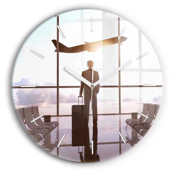 Round glass wall clock Man at the airport
