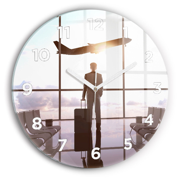Round glass wall clock Man at the airport