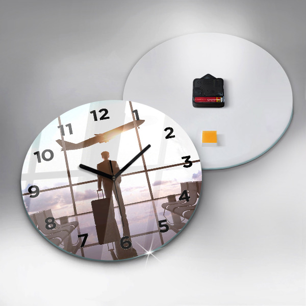Round glass wall clock Man at the airport