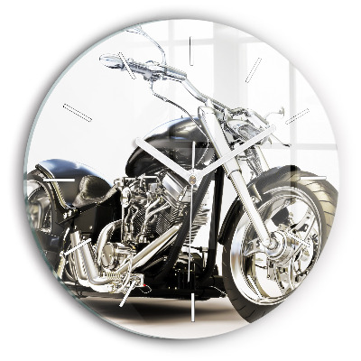 Round glass wall clock Black motorcycle