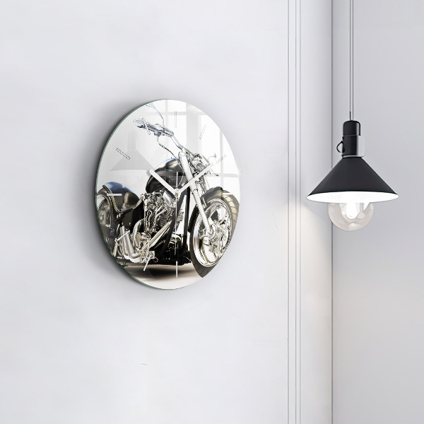 Round glass wall clock Black motorcycle