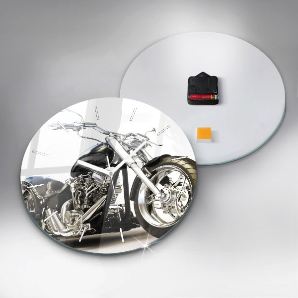 Round glass wall clock Black motorcycle