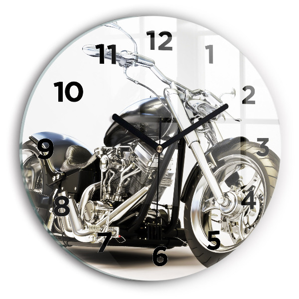 Round glass wall clock Black motorcycle