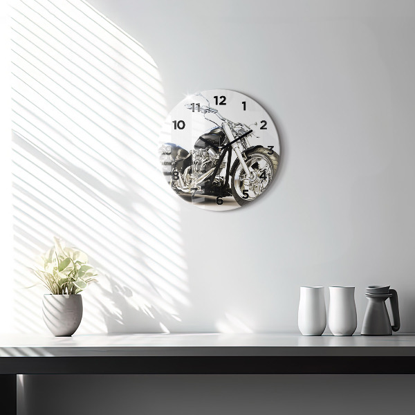 Round glass wall clock Black motorcycle