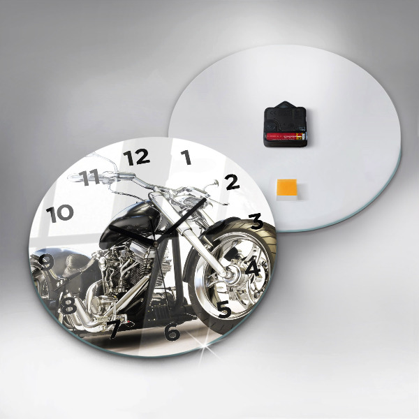 Round glass wall clock Black motorcycle