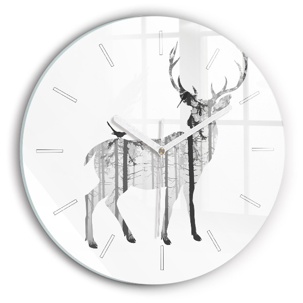Round glass wall clock Silhouette of a deer Forest