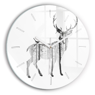 Round glass wall clock Silhouette of a deer Forest