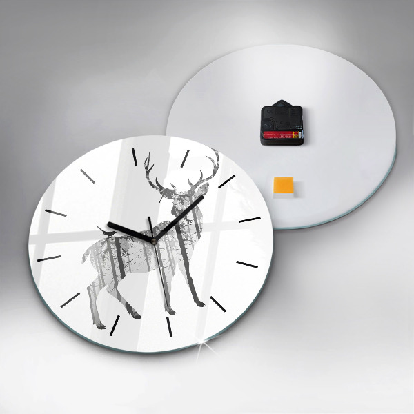 Round glass wall clock Silhouette of a deer Forest