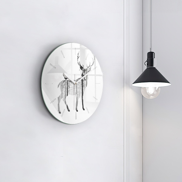 Round glass wall clock Silhouette of a deer Forest