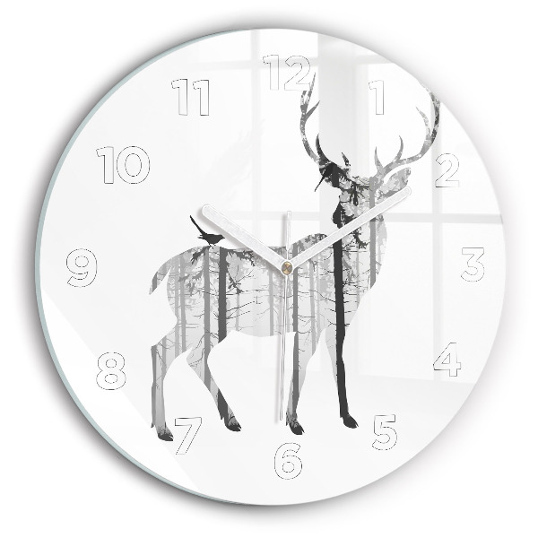 Round glass wall clock Silhouette of a deer Forest