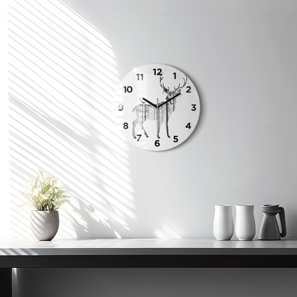 Round glass wall clock Silhouette of a deer Forest