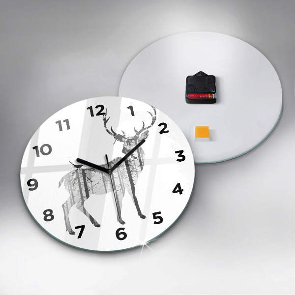 Round glass wall clock Silhouette of a deer Forest