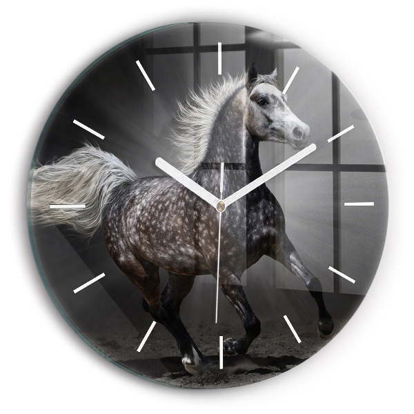 Round glass wall clock Galloping horse
