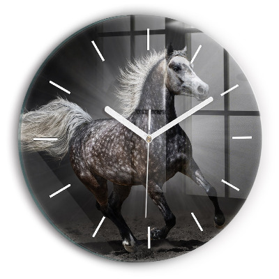 Round glass wall clock Galloping horse