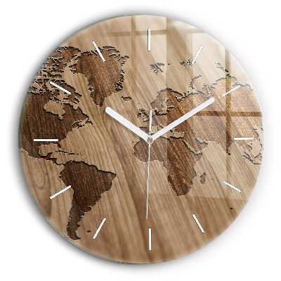 Round glass wall clock World map on wood