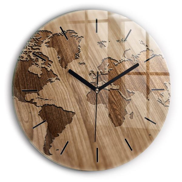 Round glass wall clock World map on wood