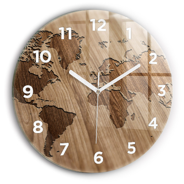 Round glass wall clock World map on wood