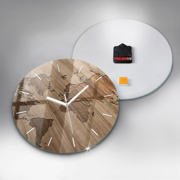 Round glass wall clock World map on wood