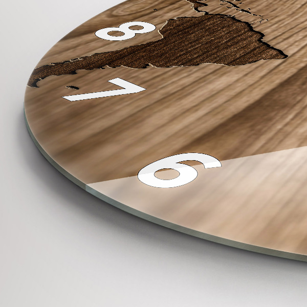 Round glass wall clock World map on wood