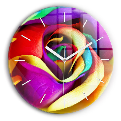 Round glass wall clock Rainbow Rose