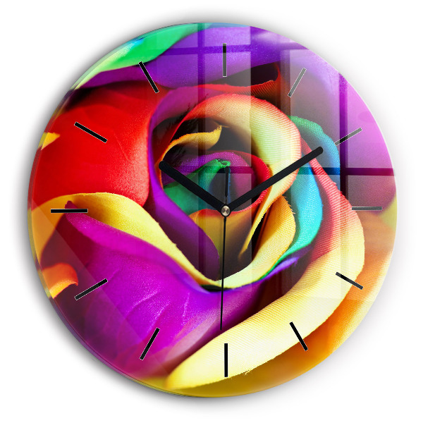 Round glass wall clock Rainbow Rose
