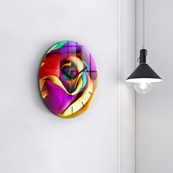 Round glass wall clock Rainbow Rose