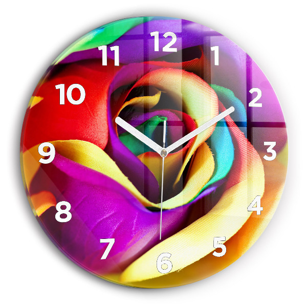 Round glass wall clock Rainbow Rose