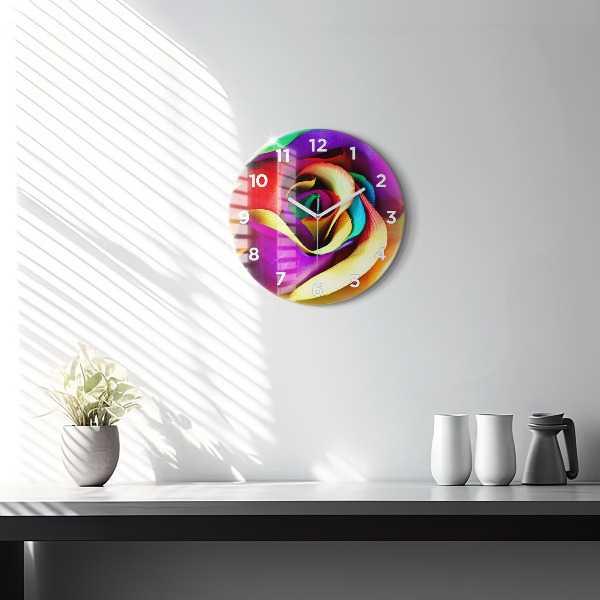 Round glass wall clock Rainbow Rose