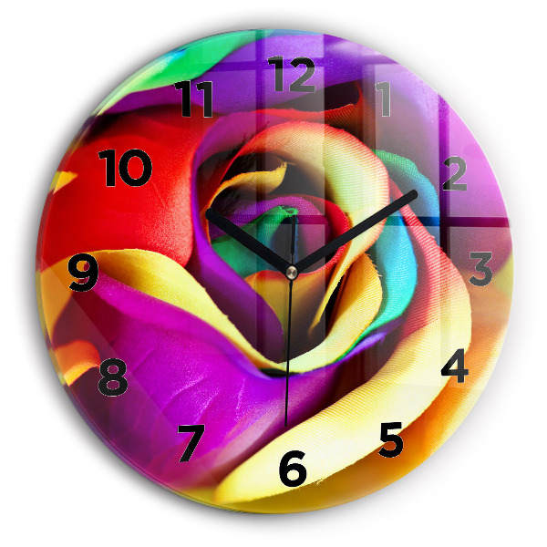 Round glass wall clock Rainbow Rose