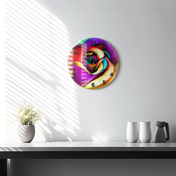 Round glass wall clock Rainbow Rose