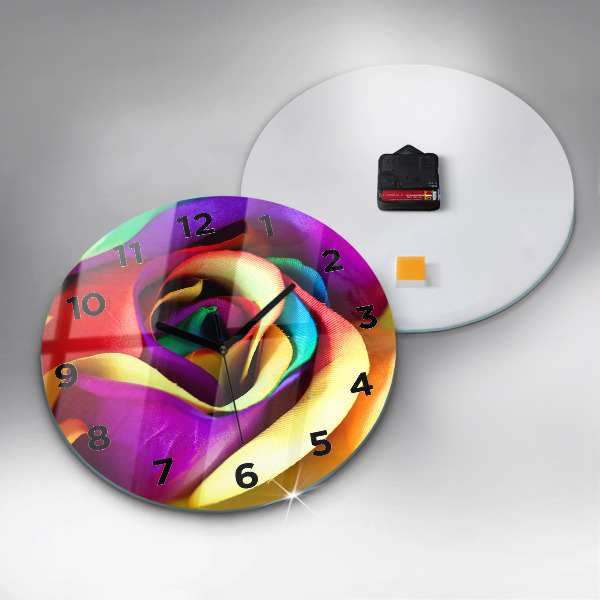 Round glass wall clock Rainbow Rose