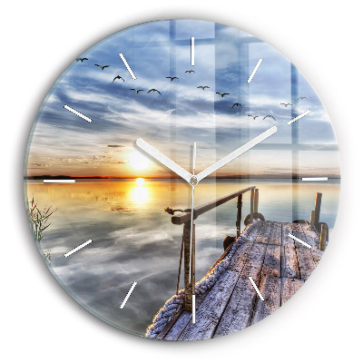 Round glass wall clock Lake Sunset
